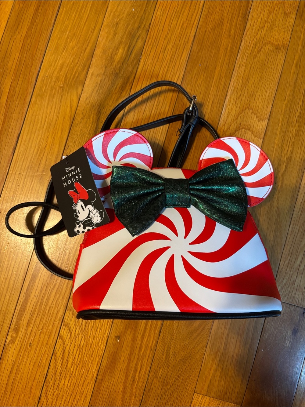 Disney Minnie Mouse Red White Peppermint Crossbody Bag with Green Bow